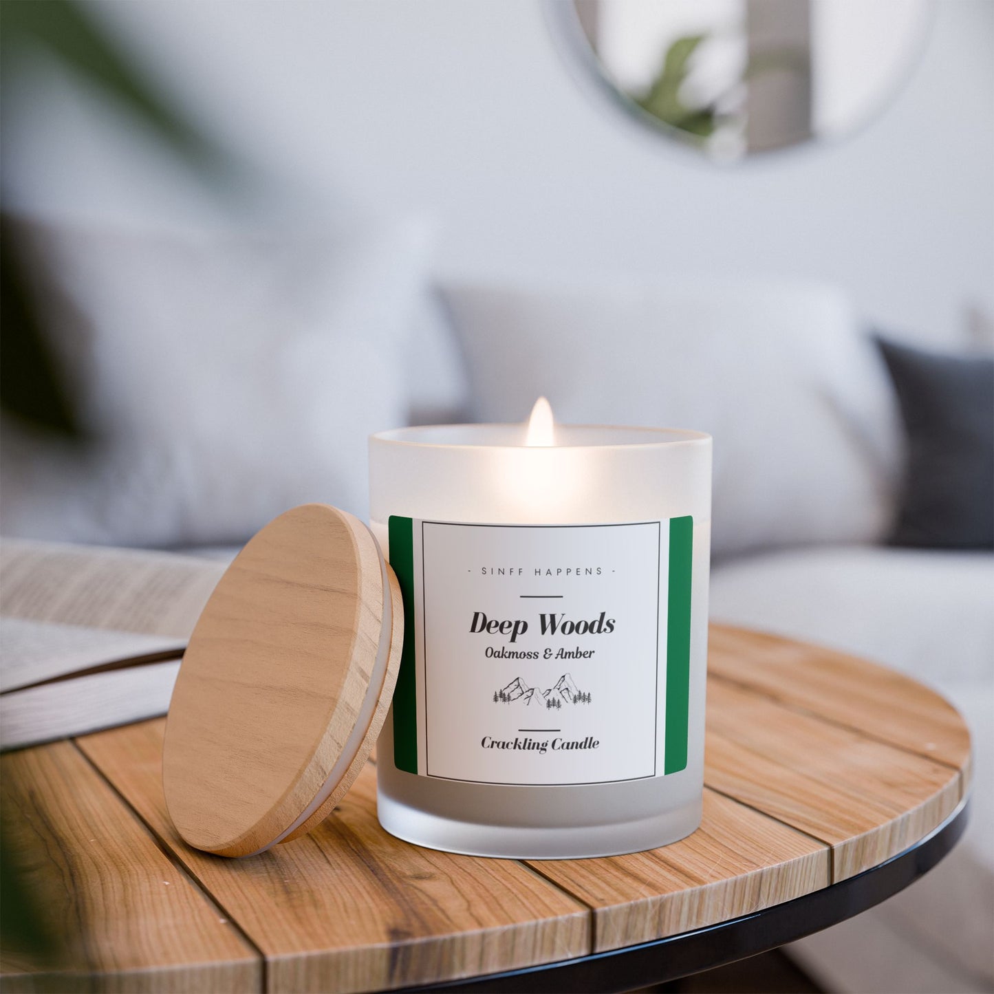 Frosted Glass Candle, Relaxing Oakmoss Amber Crackling Wood Wick, 11oz - Home Fragrance, Calming Scented Candle, Aromatherapy Candle, Gift